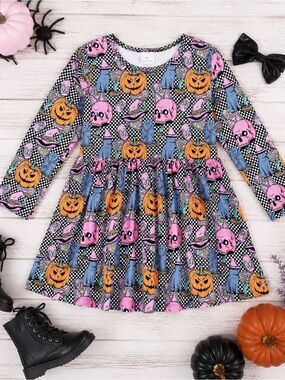Halloween Ghost Pumpkin Disco Skater‎ Long Sleeve Dress Boutique Girls 6 6Y